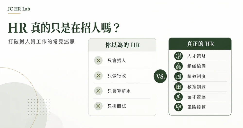 HR真的只是在招人嗎？你以為的HR只會招人、做行政、算薪水、排面試；真正的HR做人才策略、組織協調、績效制度、教育訓練、留才發展、風險控管